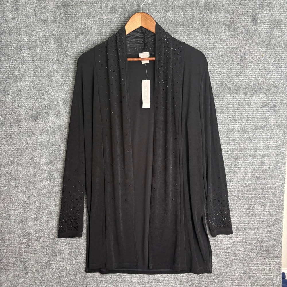 Chicos Travelers Embellished Long Jacket Black Bead Studded Open Front NWT
